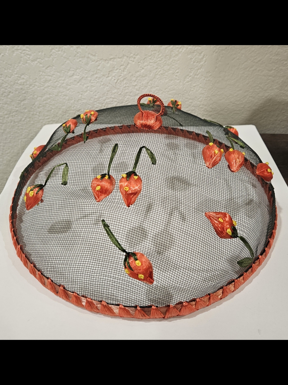 Vintage Mesh Food Dome Raffia Strawberries 12 Inches